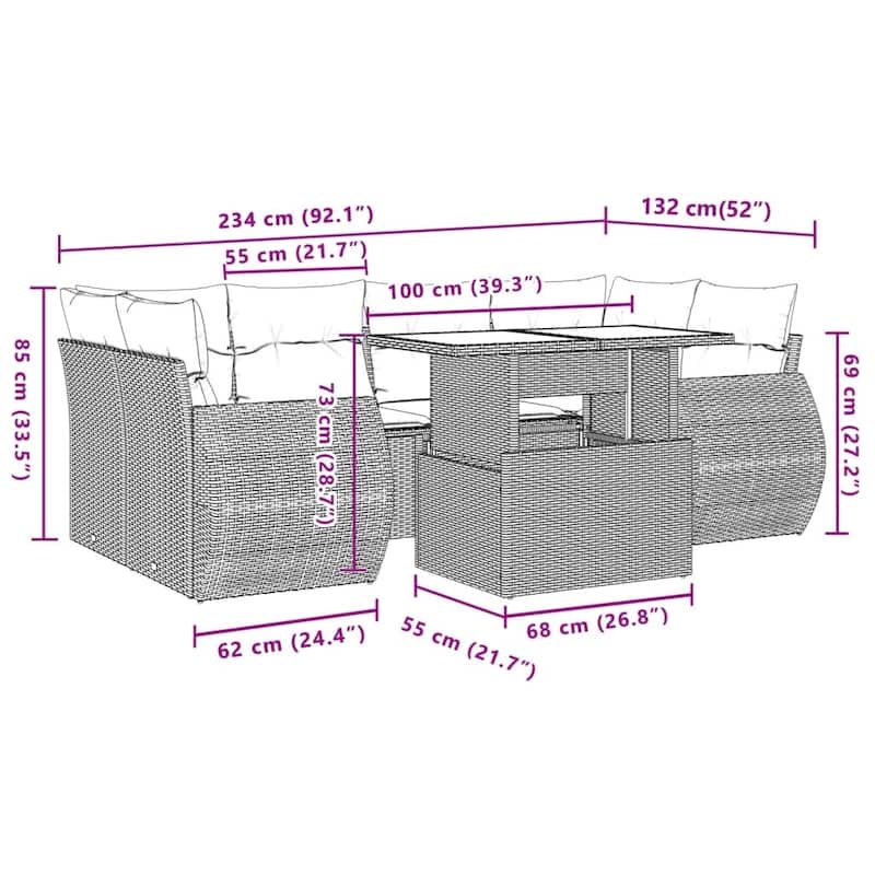 vidaXL Patio Sofa Set with Cushions Outdoor Furniture 7 Piece Poly Rattan - 24.4 x 24.4 x 27.2