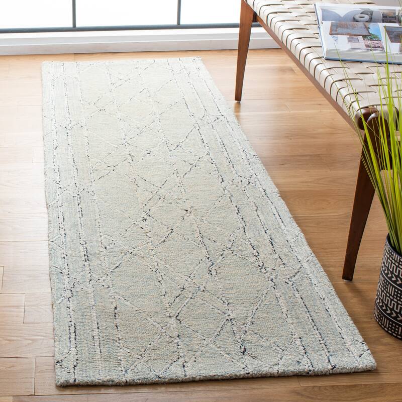 SAFAVIEH Handmade Micro-Loop Bernie Modern Wool Rug - 2'3" x 7' Runner - Ivory/Light Blue
