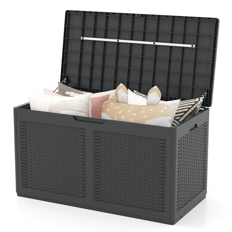 100 Gallon Outdoor Lockable Lid Deck Box with Wheels and Bench Seating for Patio Storage or Backyard Use