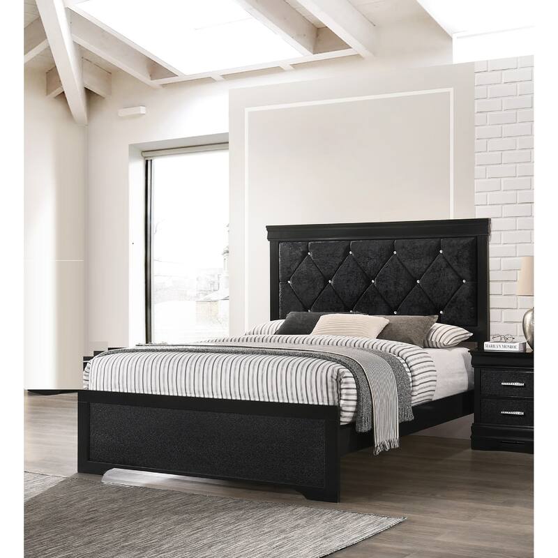 King Size Wood Modern Platform Bed with Crocodile Texture Headboard and Crystal Button Tufting - Black