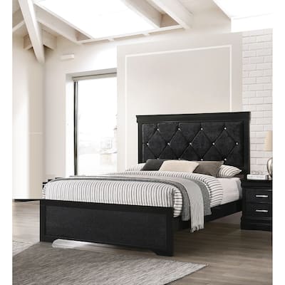 Modern Black Queen Panel Bed with Upholstered Headboard