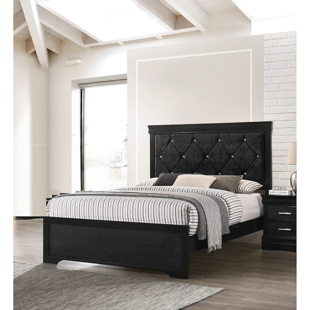 Queen Size Black Upholstered Panel Bed with Tufted Headboard and Wood Frame