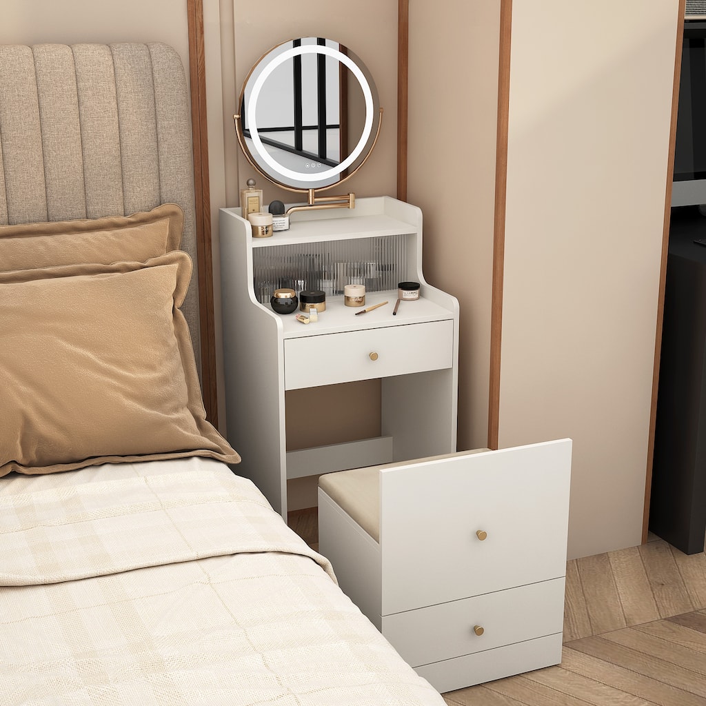 3 In 1 Vanity Desk With Mirror And Light,Small Vanity Set With Charging Station, With 2 Drawers, With Upholstered Stool