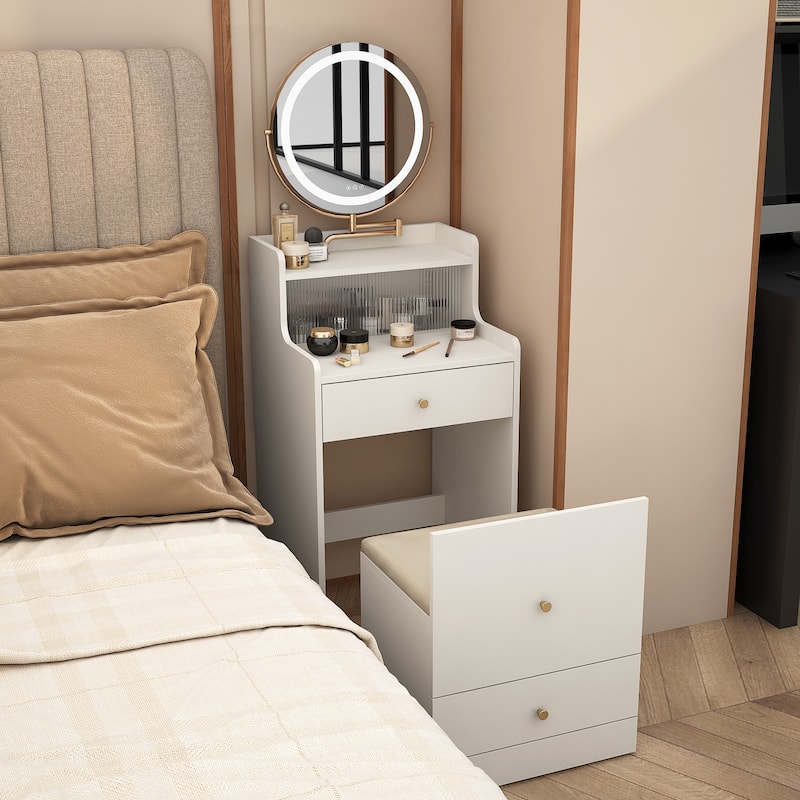 3 in 1 Small Vanity, Makeup Table with Mirror and Light, Vanity Table Set with 2 Drawers and Upholstered Stool - White