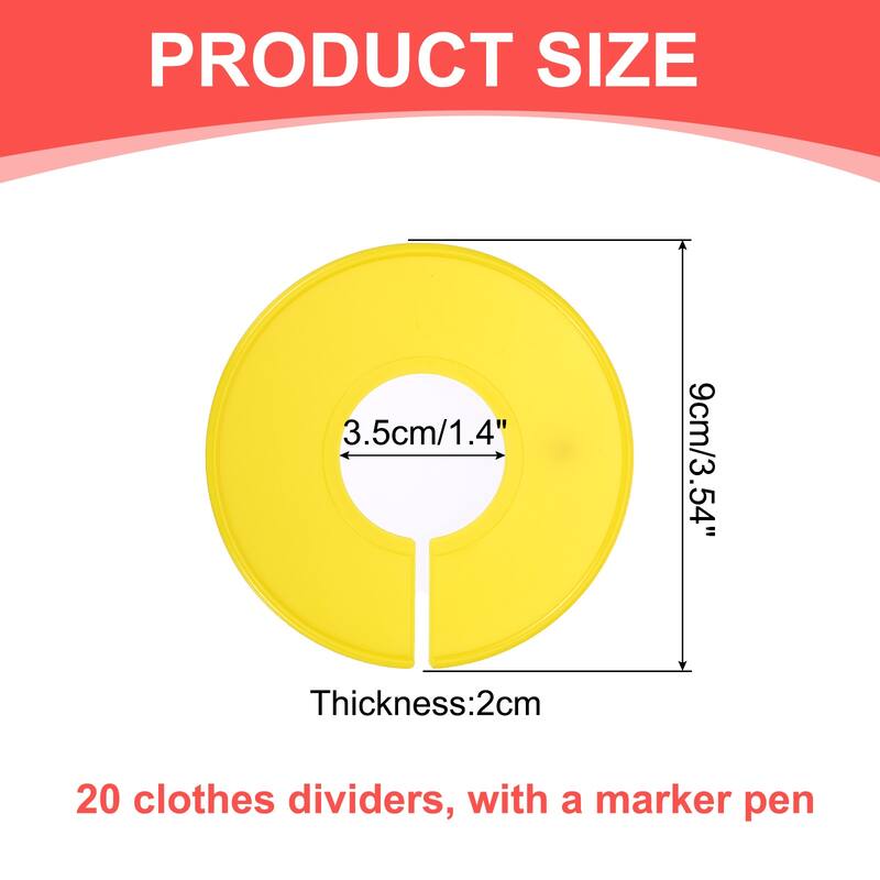 Clothes Dividers 20 Pack Round with Marker Pen - Yellow
