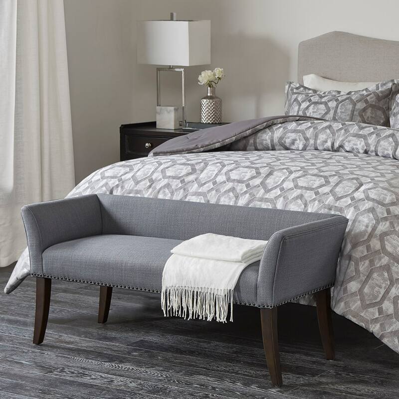 Roomfitters 49.5-Inch Upholstered Accent Bench, Morocco Wood Finish with Silver Nailhead Trim