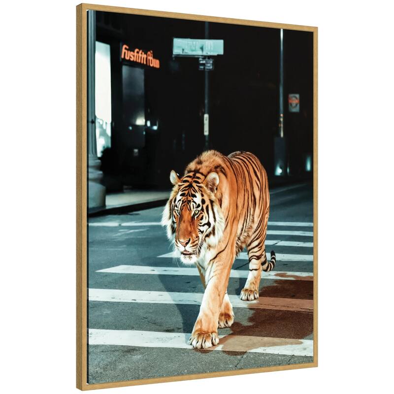 Kate and Laurel Sylvie Tiger in the City at Night 2 Framed Canvas by Michael Schauer - 28x38 - Yellow