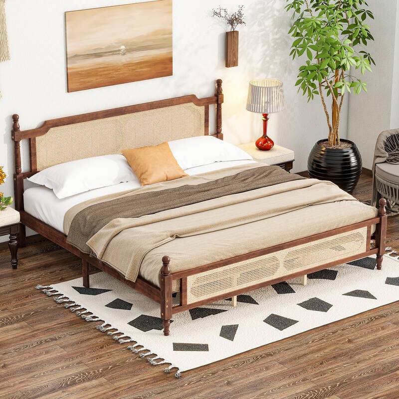 Solid Pinewood Storage Bed Frame, Queen/King Size Platform Bed with Rattan Headboard and Footboard, Spherical Head Bedposts - Walnut - King