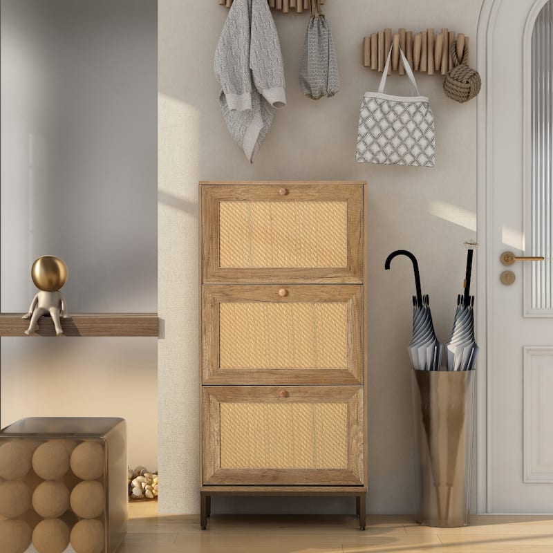 Freestanding 3 Flip Drawer Rattan Shoe Cabinet Organizer on Metal Legs - 3-Tier - natural - 3-Tier