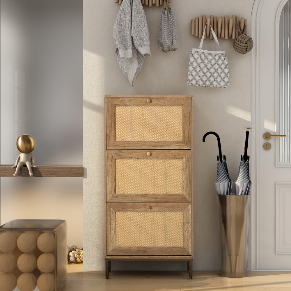 Freestanding 3 Flip Drawer Rattan Shoe Cabinet Organizer on Metal Legs - 3-Tier