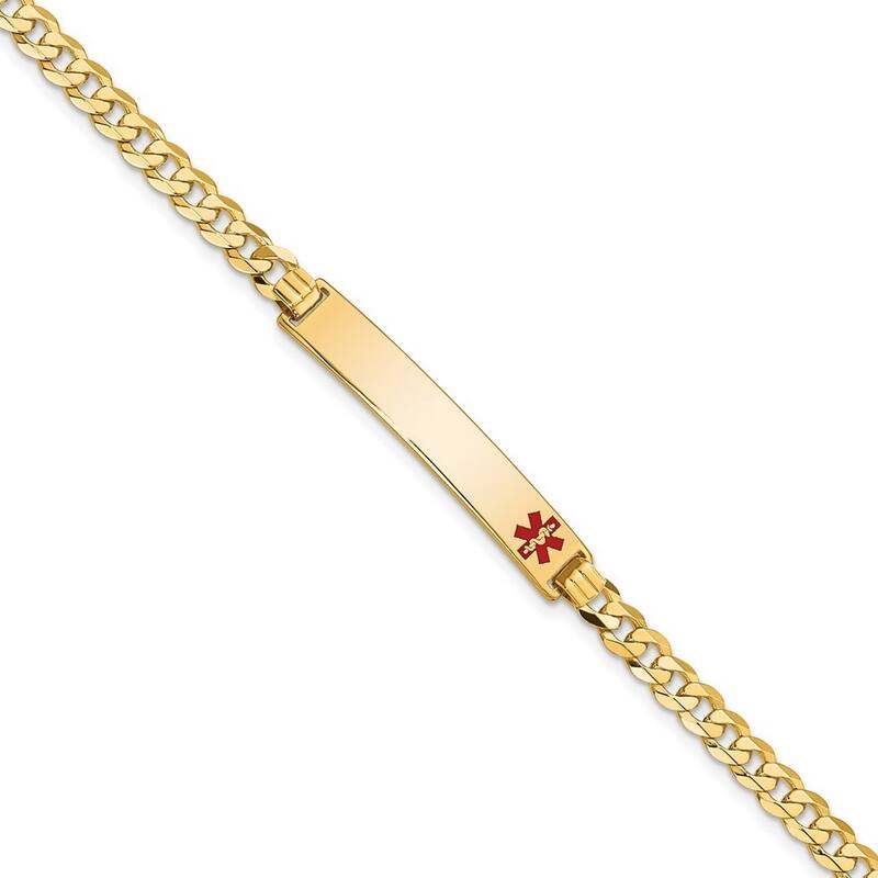 Curata 14k Yellow Gold 6.5mm Engravable Medical Red Enamel Flat Curb Link ID Bracelet