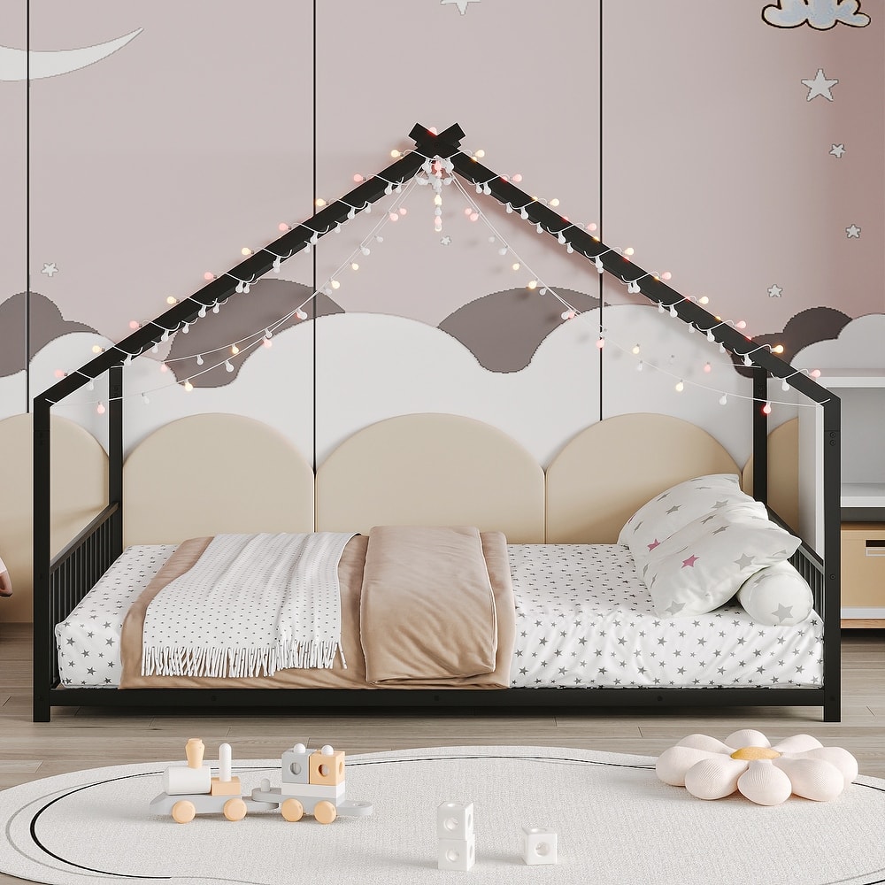 Metal Twin/Full Size Children's Bed Frame with LED Light Strips, Heavy Duty Metal Floor House Bed Frame with Roof Design