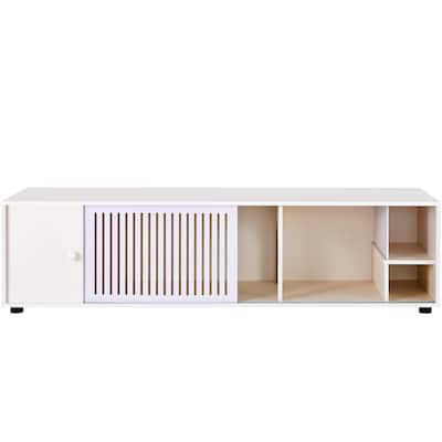 Modern Cream White TV Stand with Storage & Integrated Cat Litter Box Enclosure, Featuring Removable Sliding Door‌