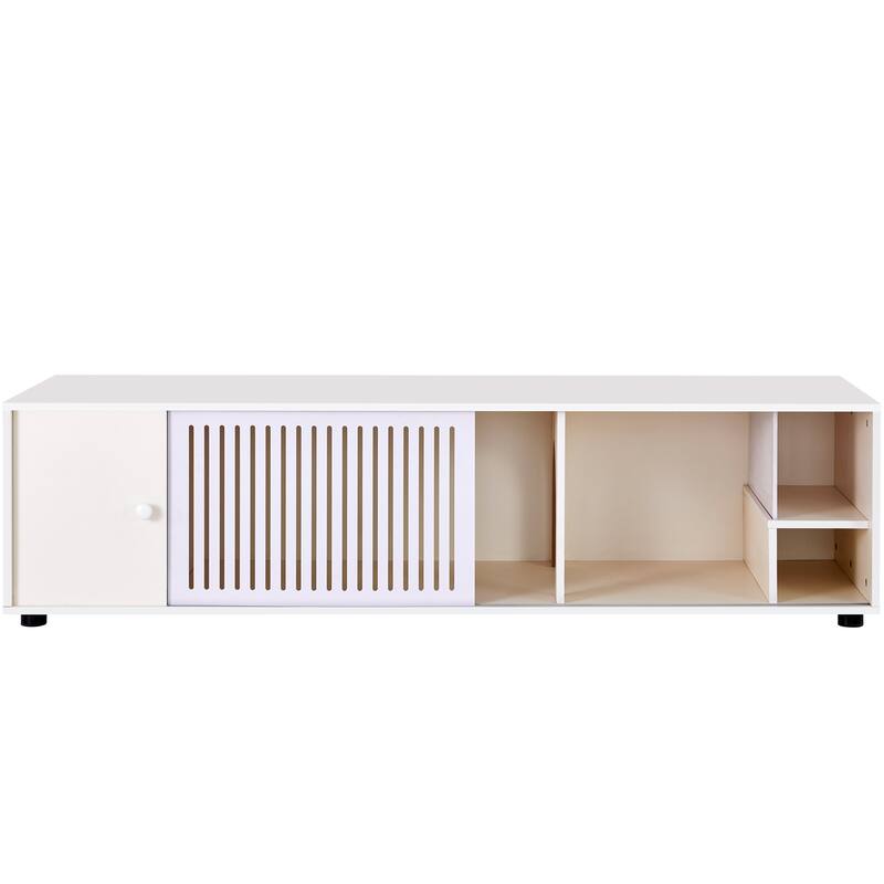Wood Media Console with Removable Sliding Door, TV Stand with Slatted Doors, Cat-Friendly Compartments - Cream White