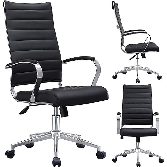 Modern High Back Office Chair Ribbed PU Leather Swivel Tilt Conference Room Computer Desk Cushion Seat Boss
