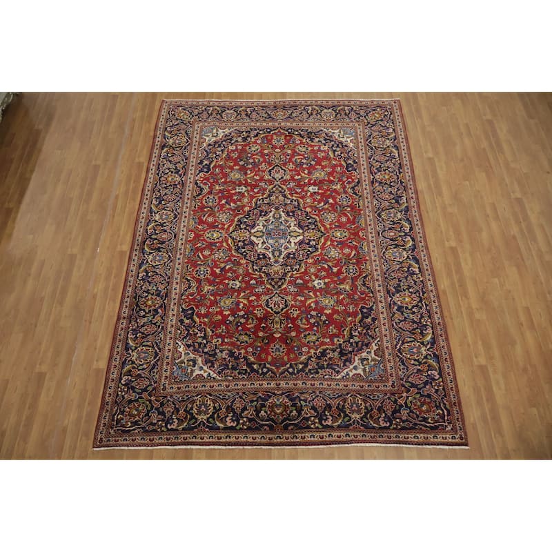 Hand Knotted Oriental 100% Wool Carpet Traditional Floral Red Kashan Area Rug - 11' 1'' X 7' 11''