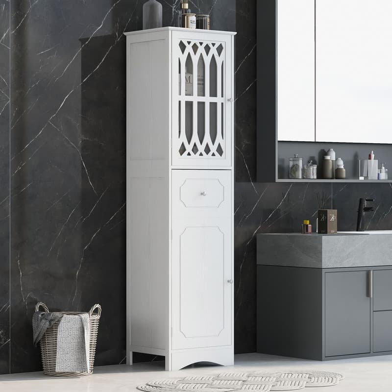 Slim Tall Bathroom Storage Cabinet with Adjustable Shelf, Drawer and 2 Doors, Freestanding Linen Tower
