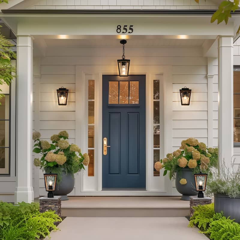 Modern Farmhouse 1-Light Black Gold Outdoor Wall Sconce Water Rippled Glass Porch Lantern - 7" Wx8" Dx12" H