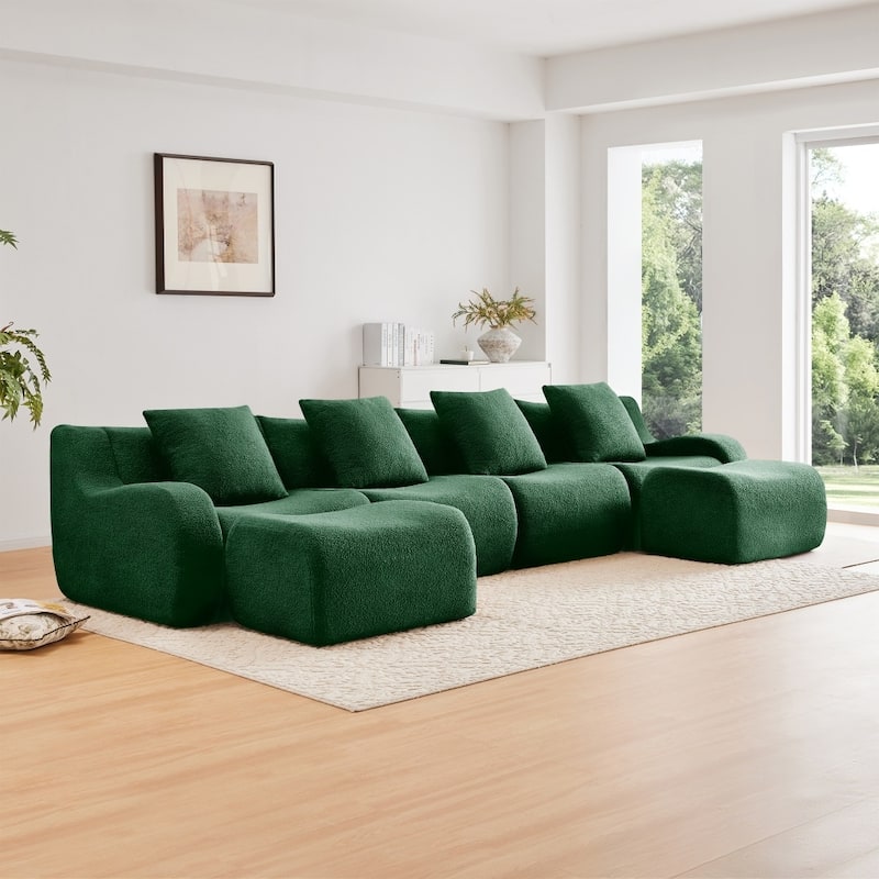 148" Premium Teddy Fabric U-shaped Modular Curved Armrests Boneless Sofa Set