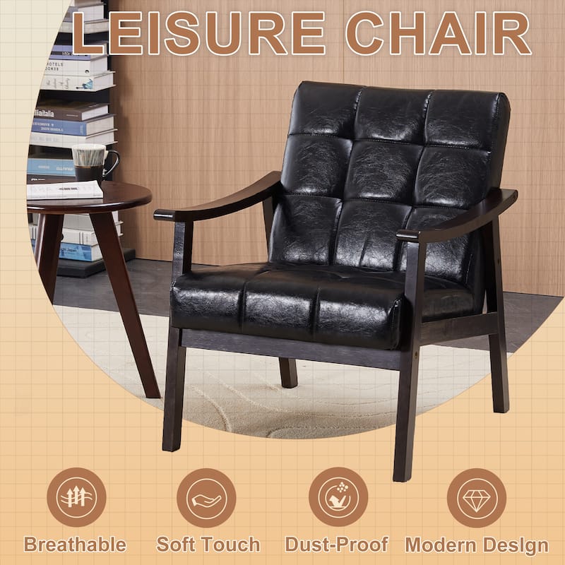 PU Leather Accent Chair, Armchair with Solid Wood Legs and High Back