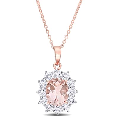 Miadora Rose Plated Sterling Silver Oval-cut Simulated Morganite & Cubic Zirconia Floral Halo Necklace - 18 inch x 16 mm