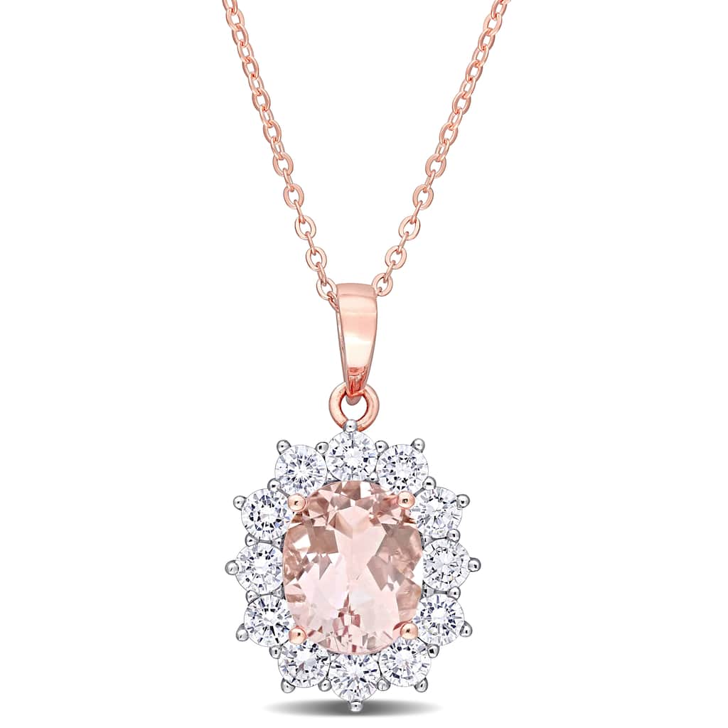 Miadora Rose Plated Sterling Silver Oval-cut Simulated Morganite & Cubic Zirconia Floral Halo Necklace - 18 inch x 16 mm