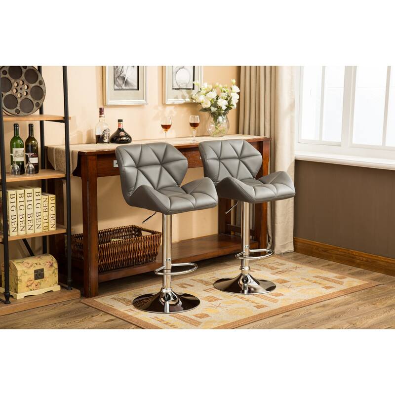 2-Piece Swivel Diamond-Tufted Leather Counter Stools Bar Stools with Adjustable Height & Footrest Dining Stools