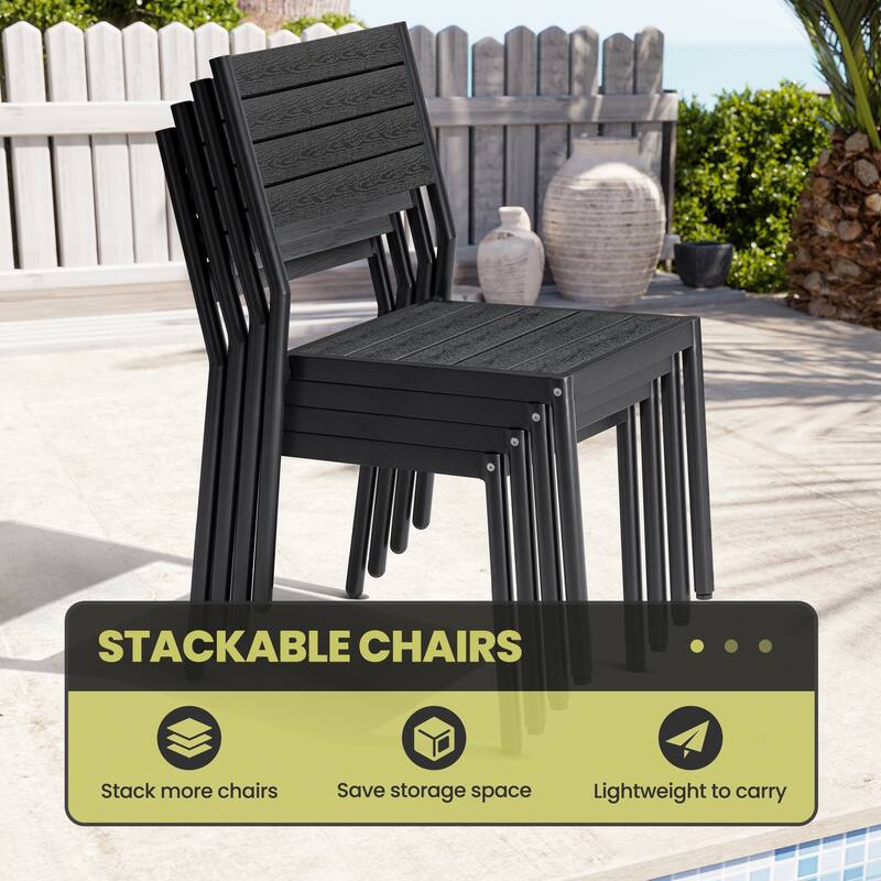 Outdoor Aluminum Dining Table Set Rectangular Table with Umbrella Hole and Stackable Chairs