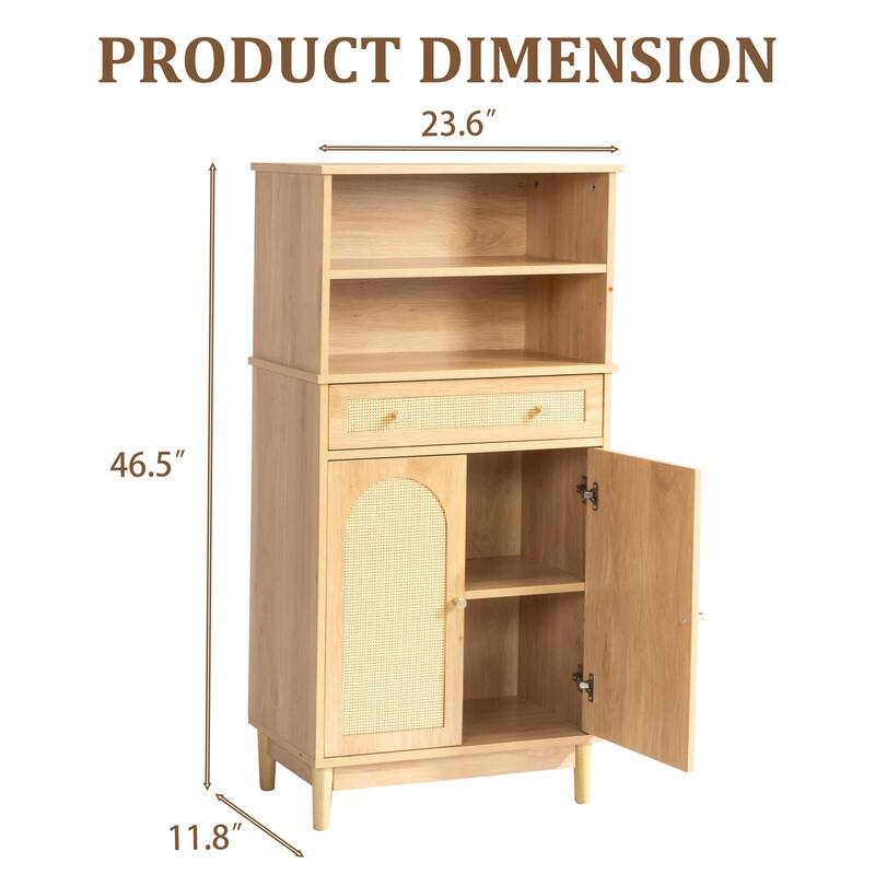 Oak Bathroom Storage Cabinet 1 Drawer 2 Door 4 Tier with Rattan Surface