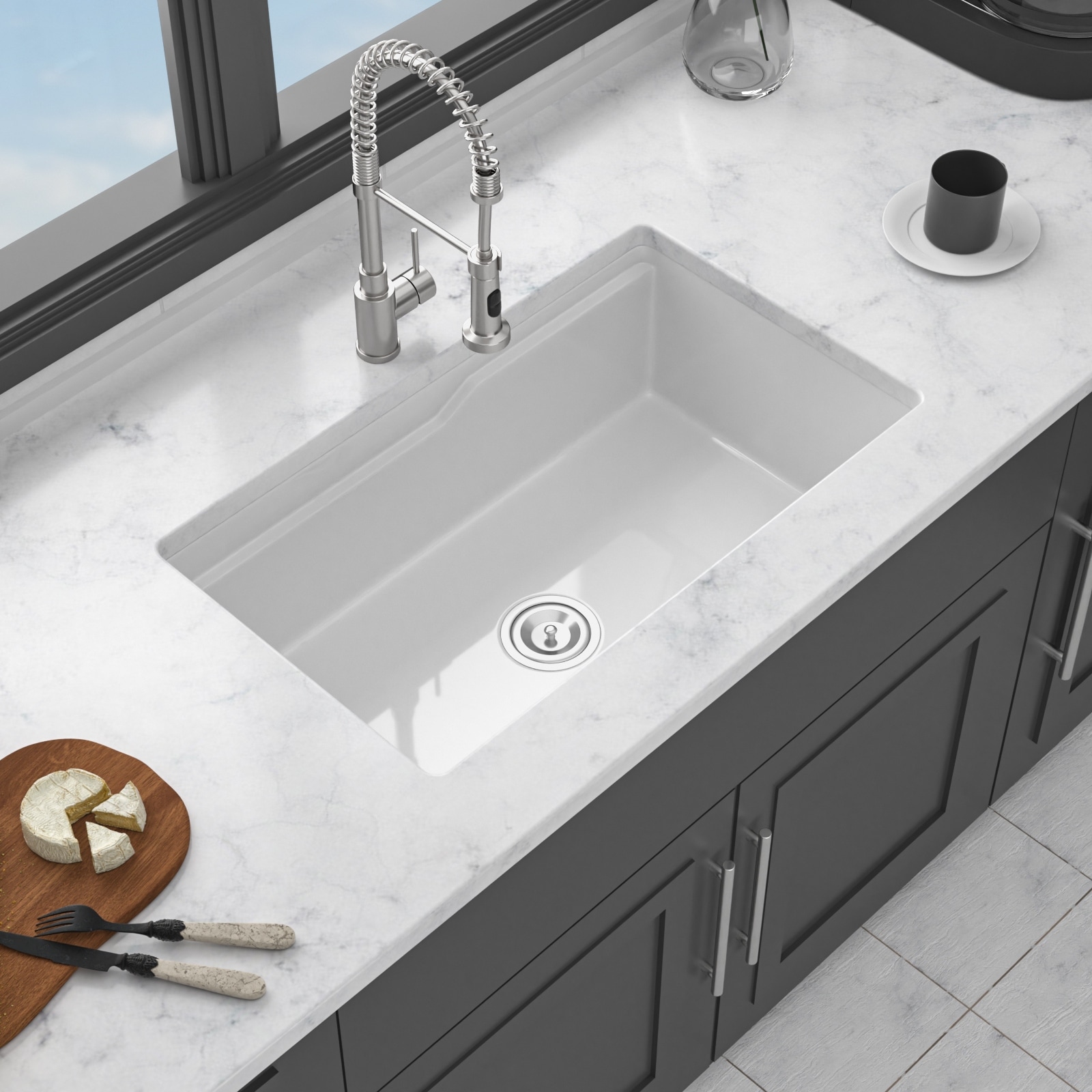 32 Inch Undermount Single Bowl Porcelain Fireclay Kitchen Sink in
