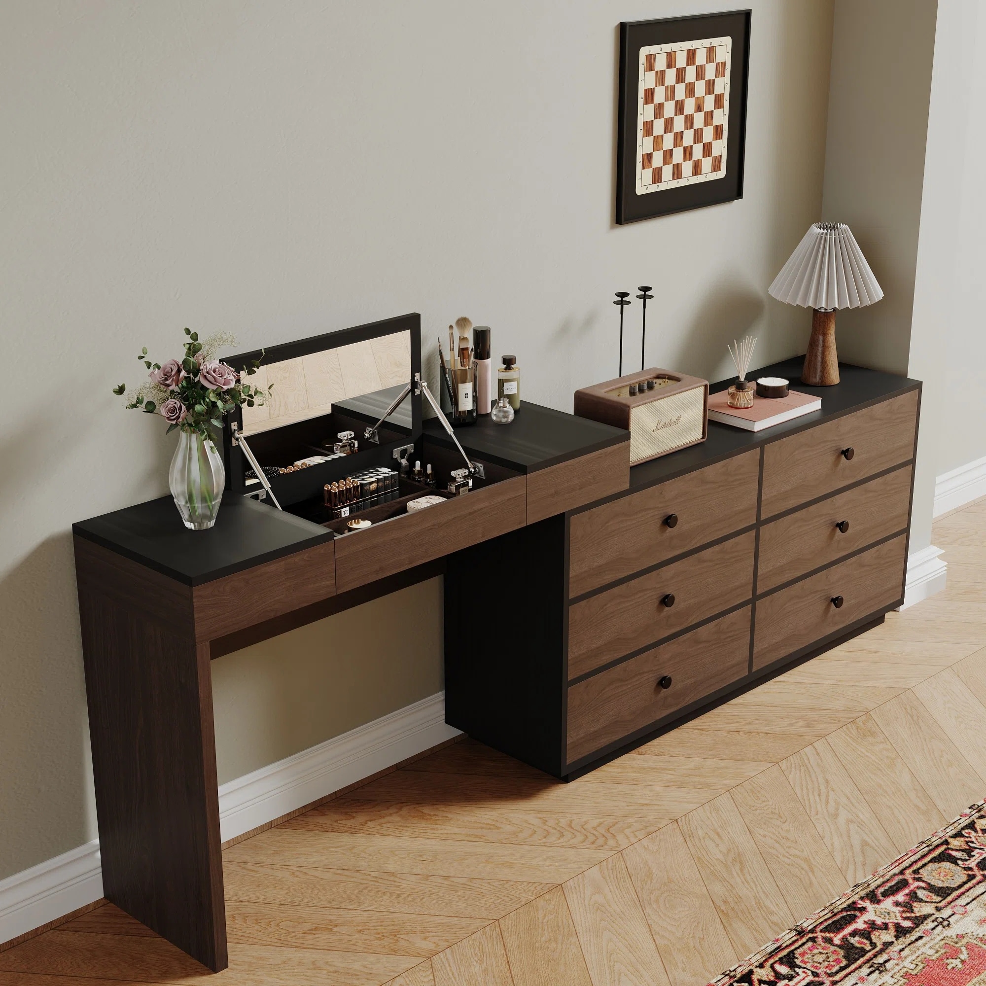 Home Office Storage Expandable Dresser Desk Combo With Flip-Top Makeup Mirror and 6 Storage Drawers - Overstock - 42532169 Home Office Storage Expandable Dresser Desk Combo With Flip-Top Makeup Mirror and 6 Storage Drawers - Overstock - 42532169