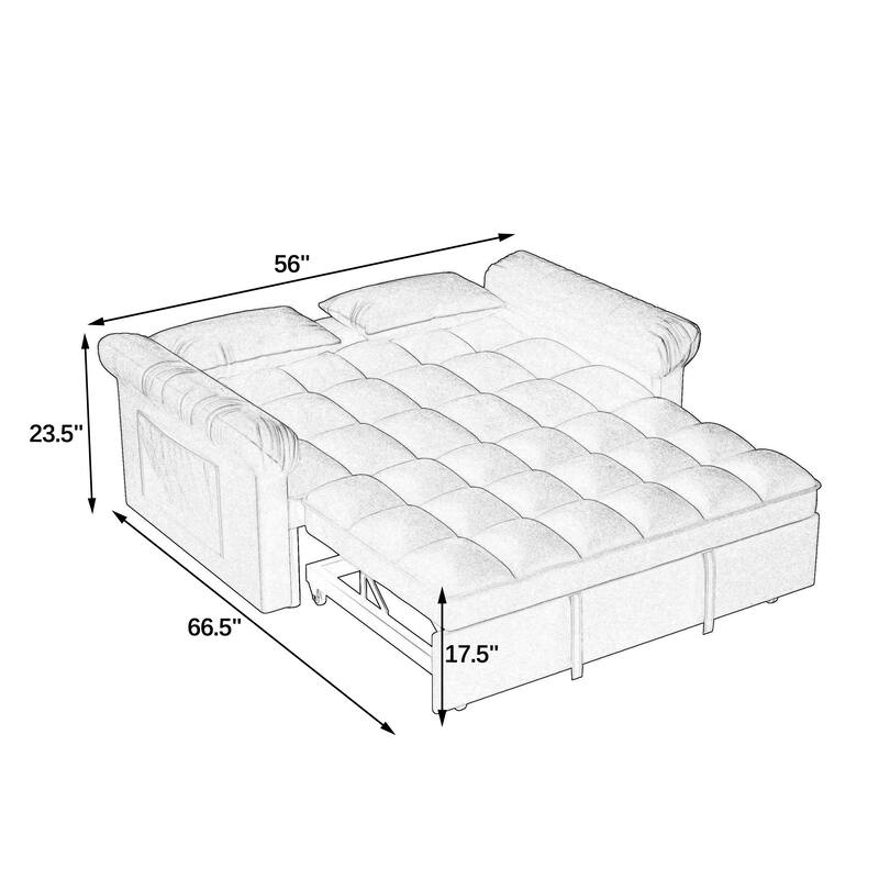Flannel Sleeper Sofa Bed Loveseat Recliners Couch with Pull-Out Trundle, Adjustable Backrest, Round Arms and Side Pockets