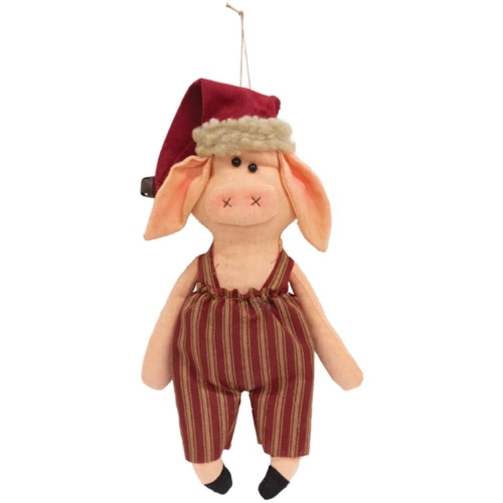 Stuffed Santa Pig Ornament in Ticking Stripe Overalls Hanger - 4" x 1" x 9"