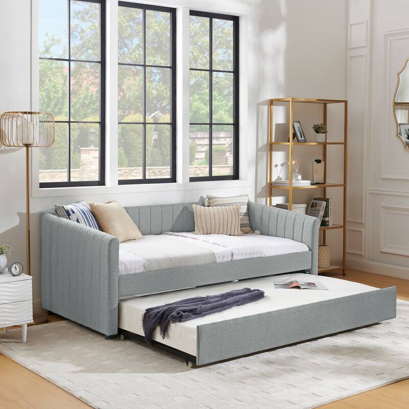 Twin/Full Size Daybed with Trundle, Upholstered Sofa Bed with Vertical Stripes, Linen Fabric, Comfortable Seating for Bedroom