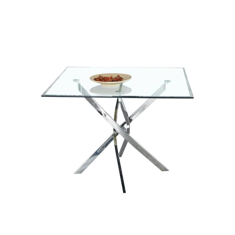 Contemporary Square Clear Dining Tempered Glass Table with Gold Finish Stainless Steel Legs