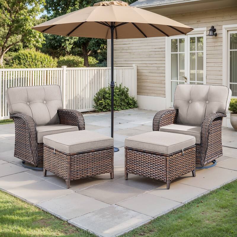 Pocassy Outdoor Swivel Chair Set Patio Funiture Chairs - 4 Pieces w/ Ottomans - Brown Wicker & Beige Cushion