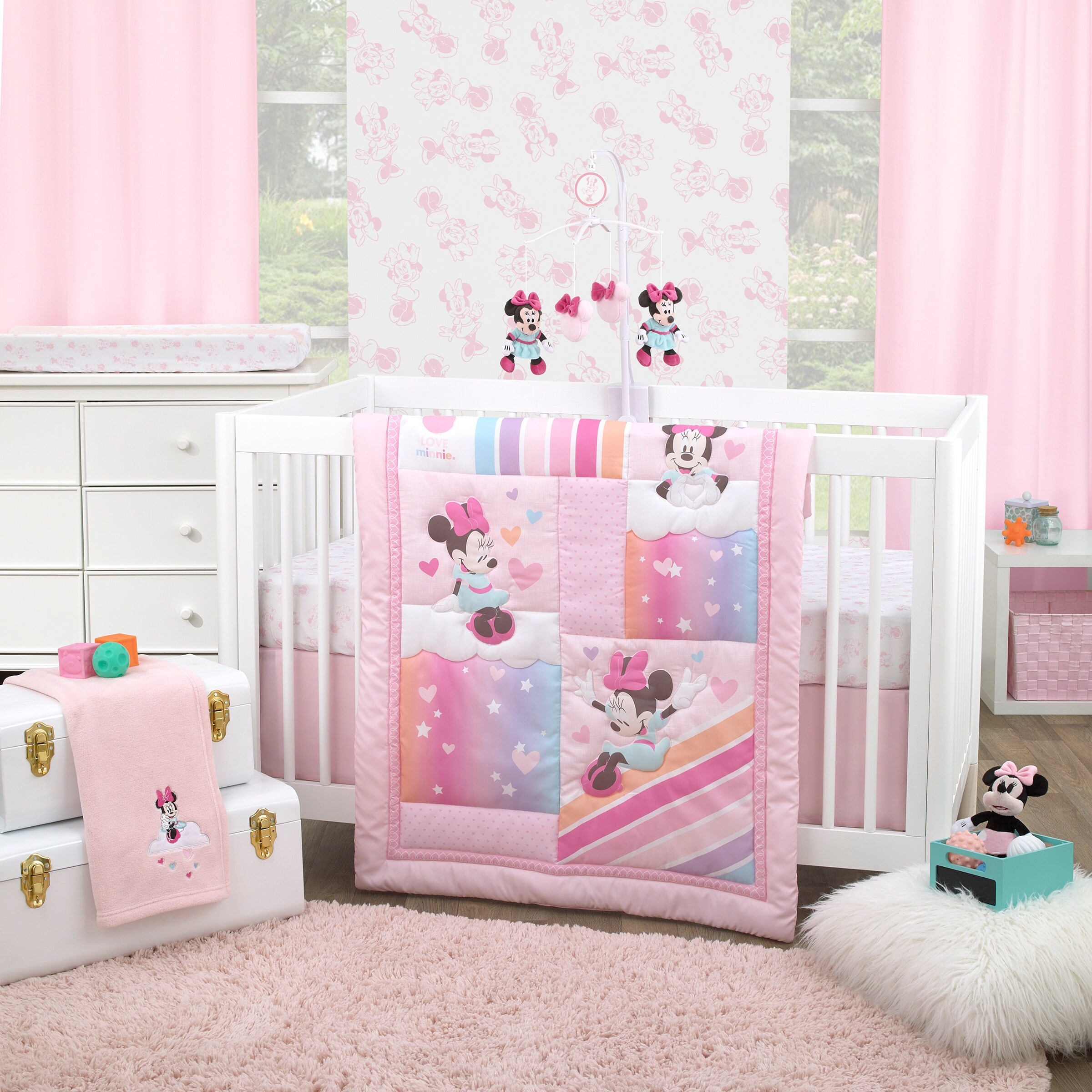 Disney Minnie Mouse Be Happy Pink Lavender Aqua Orange 3Piece Crib Bedding Set Comforter Fitted Crib Sheet Bed Skirt Pink Lavender Aqua