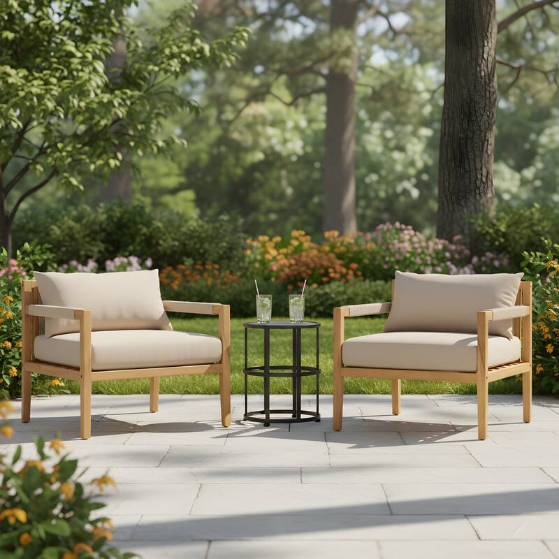Christopher Knight Home - Modern Outdoor Acacia Wood Club Chair with Side Table - 1 Table + 2 Club Chair - Beige + Black