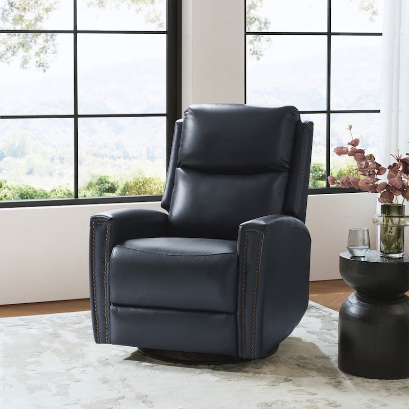 Fiacro 30.31"Wide Modern Genuine Leather Wingback Swivel Rocker Recliner with Nailhead Trims - NAVY