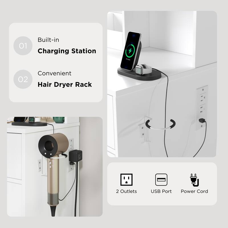 2-Piece Vanity Set with Upholstered Stool, Makeup Vanity Desk with LED Light Mirror and Charging Station