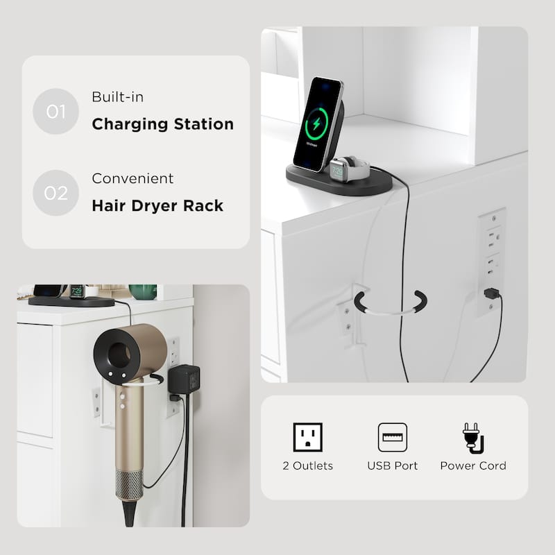 Makeup Vanity Set, Vanity Desk with Stool, LED Light Mirror and Charging Station