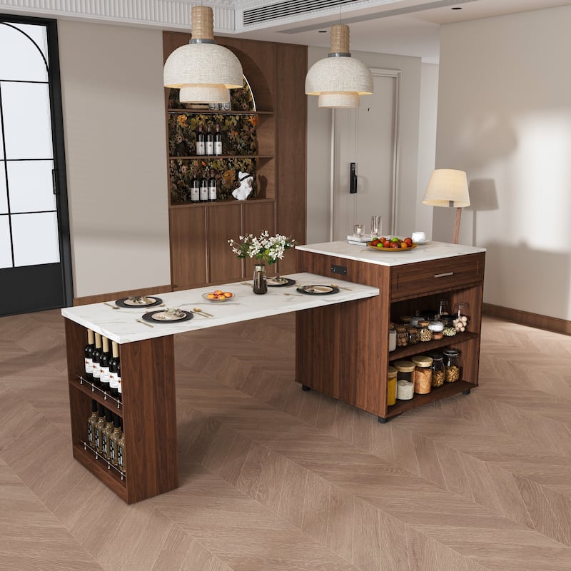 80" Expandable Kitchen Island with Dining Table with Marble-Grain Countertop with Power Outlet