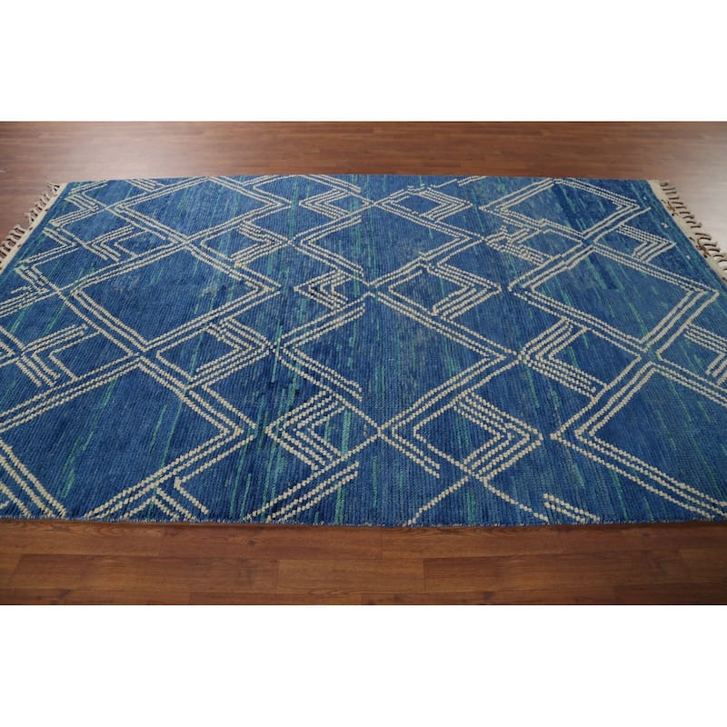 Blue Moroccan Oriental Area Rug Handmade Wool Carpet - 7'11"x 9'10"