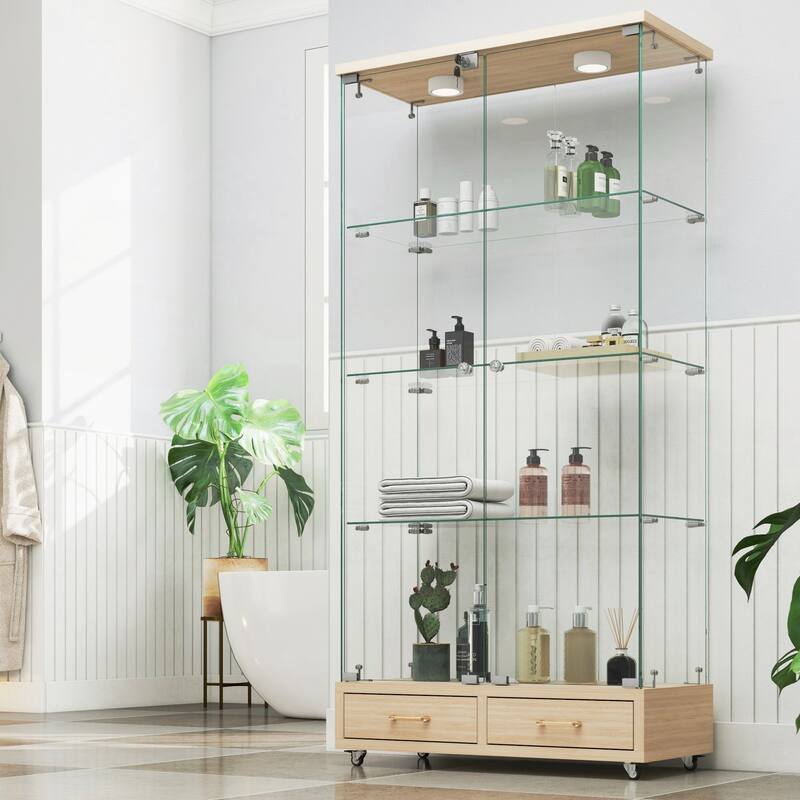 Modern Glass Display Cabinet with Large Drawer for Living Room and Bedroom