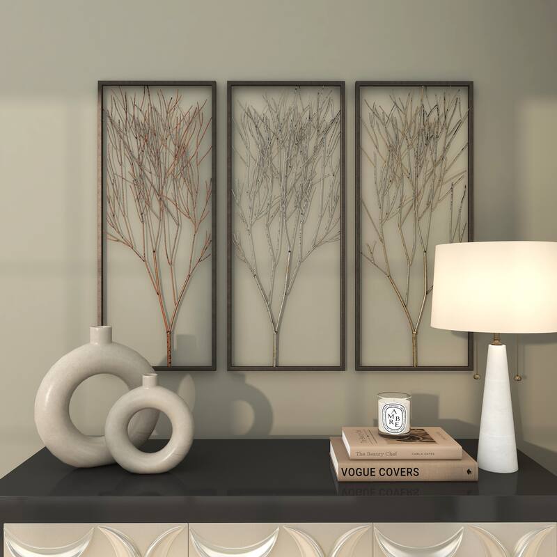 Black Metal Branch Tree Home Wall Decor with Metallic Copper, Silver, and Gold (Set of 3)