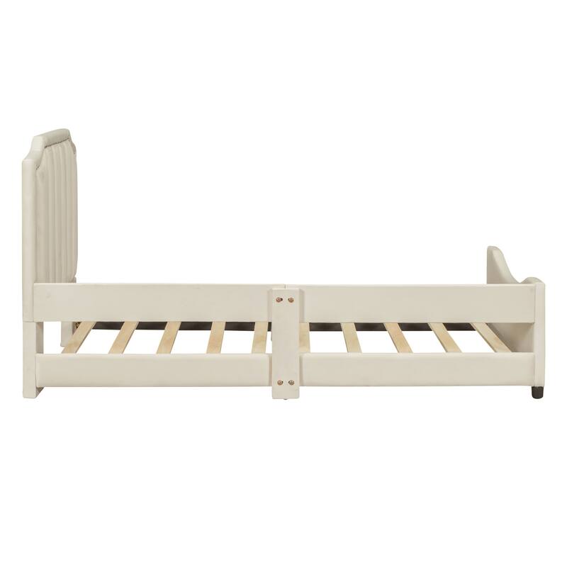 Twin Size Upholstered Daybed with Classic Stripe Shaped Headboard, Velvet Fabric & Sturdy Frame - Elegant Design