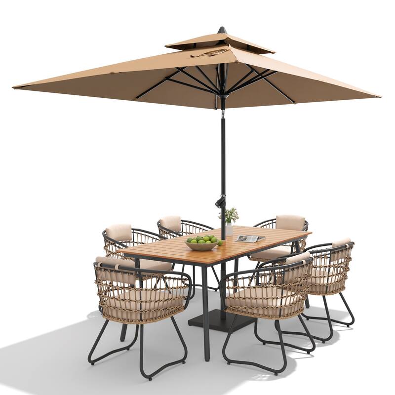 9/11-piece Outdoor Dining Set w/ Umbrella and Base Aluminum Dining Table and PE Rattan Wicker Chairs