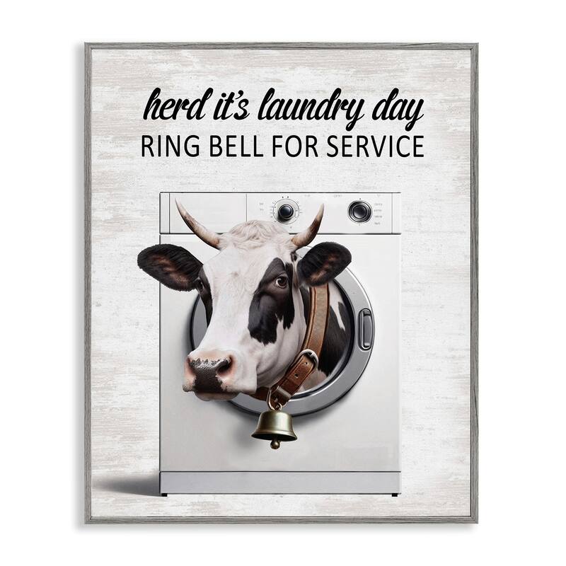 Stupell Ring Bell Laundry Service Cow Framed Giclee Art Design By Lettered and Lined - 24 x 30 - Grey
