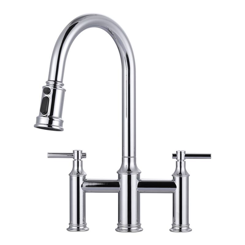 WOWOW Double Handle Pull Down Sprayer Bridge Kitchen Faucet - Polished Chrome