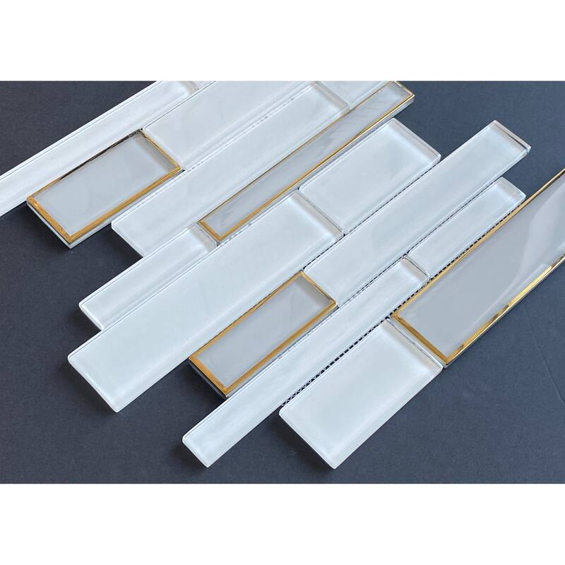 Random Linear White Glass with Glazed Edges Mosaic Wall Tile - 1 Case (10 Sheets)